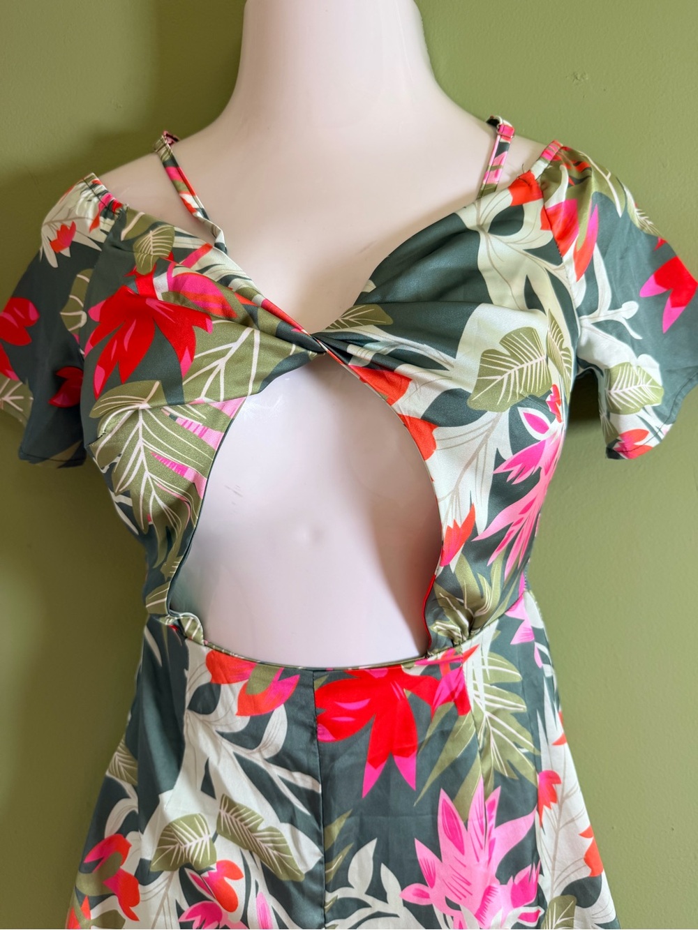 Beachy Green Tropical Floral Cutout Swim Romper with Pink Accents - Picture 8 of 9